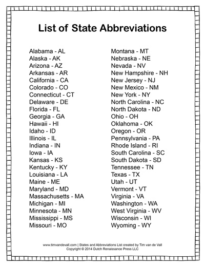 List Of Us States Printable