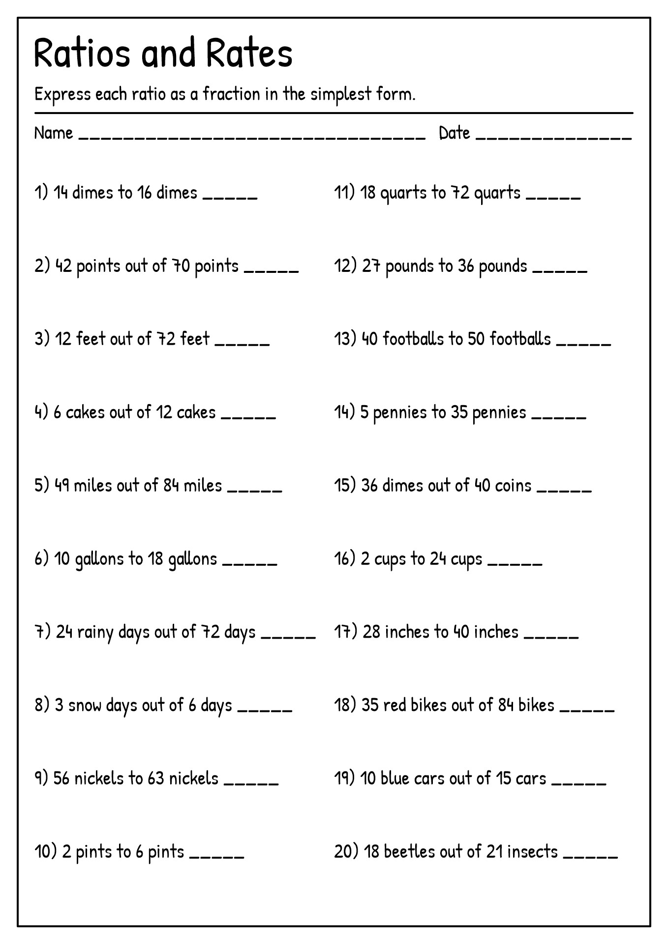 Ratios Rates And Proportions Worksheet