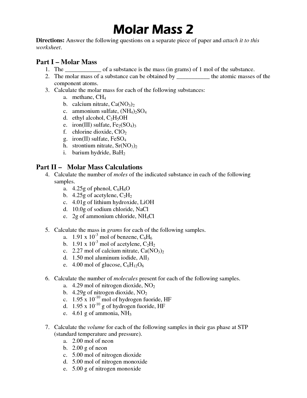 Molar Mass Worksheet Answer Key