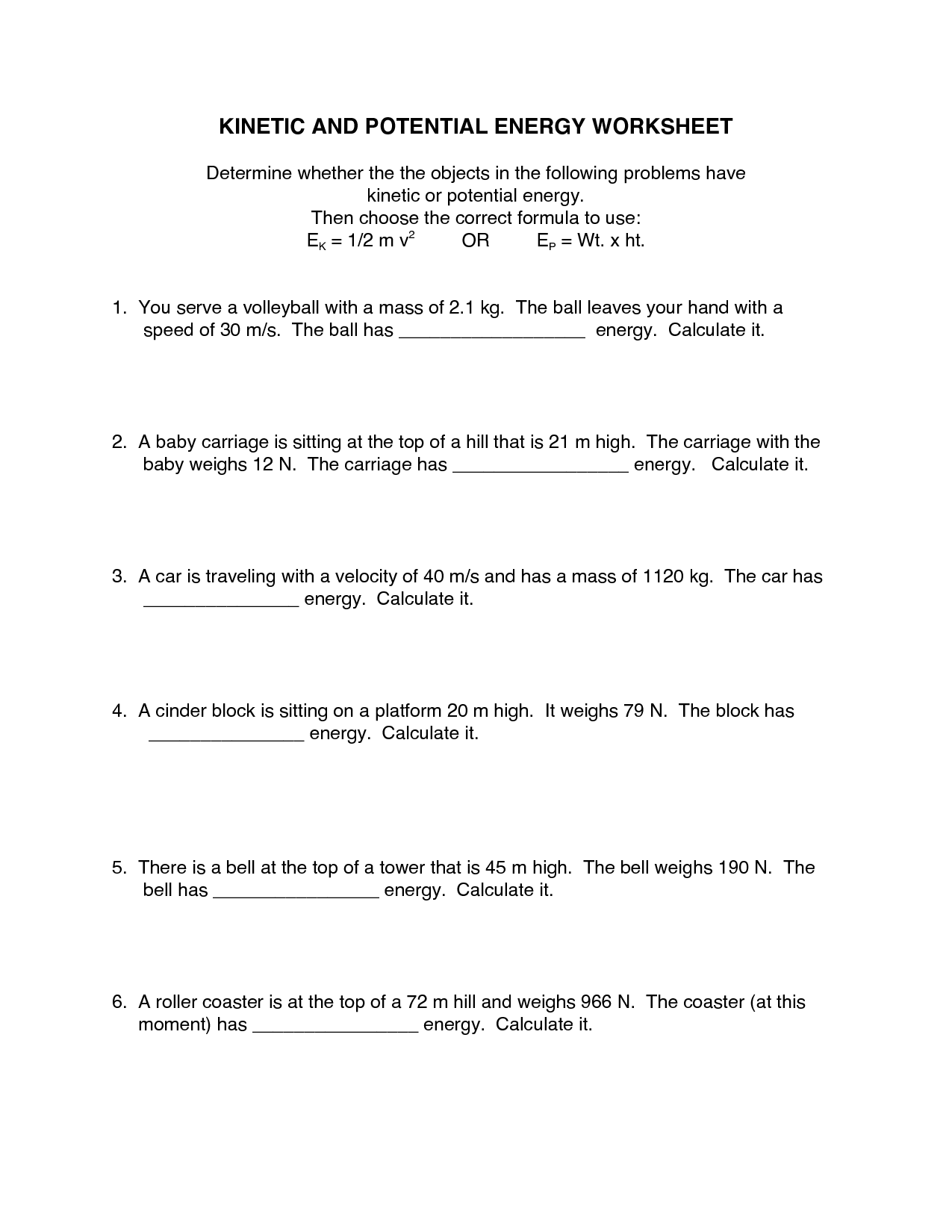 Kinetic And Potential Energy Worksheet Answer Key Arainspire