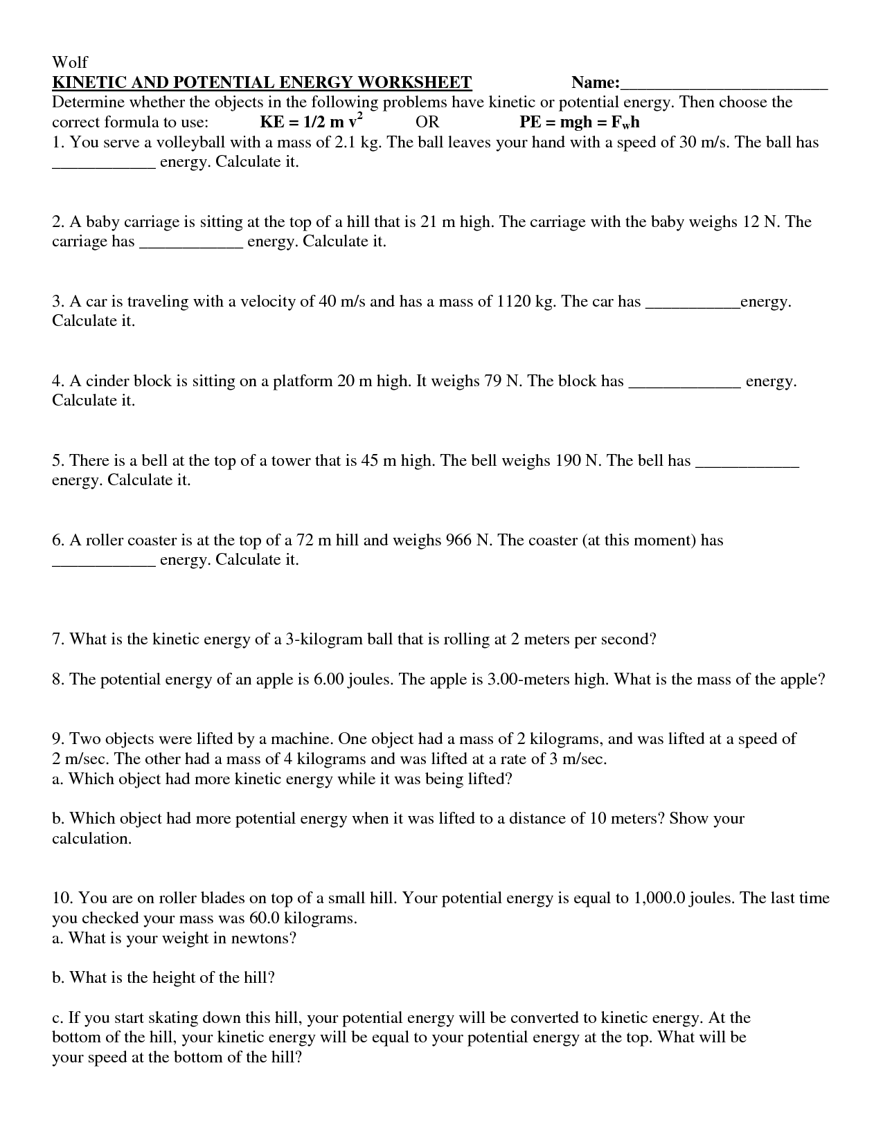 Kinetic And Potential Energy Worksheet Answer Key Arainspire