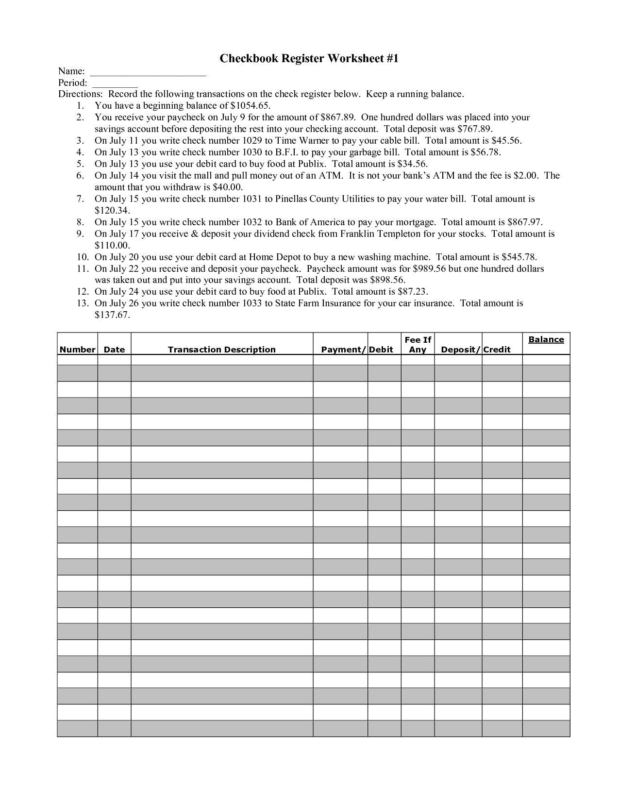 Printable Checkbook Balance Sheet