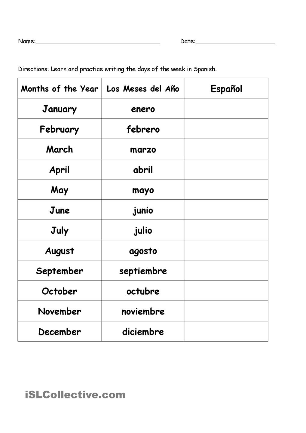 Free Printable Spanish Worksheets Months Of The Year