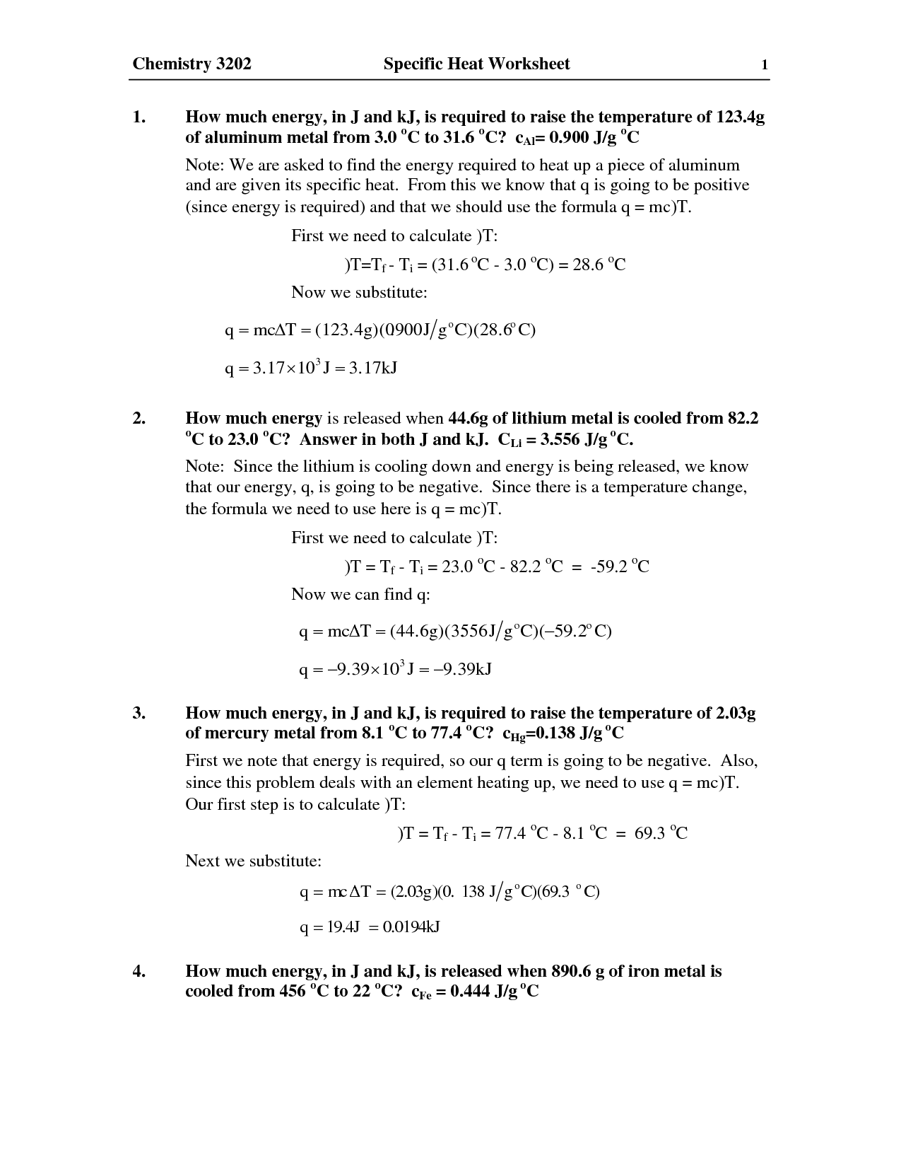 12 Best Images Of Heat Worksheet 1 Specific Heat Calculations 