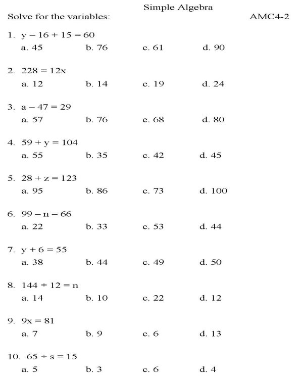 Algebra Worksheets Math Worksheet For Grade 7 Pre Algebra Algebra 