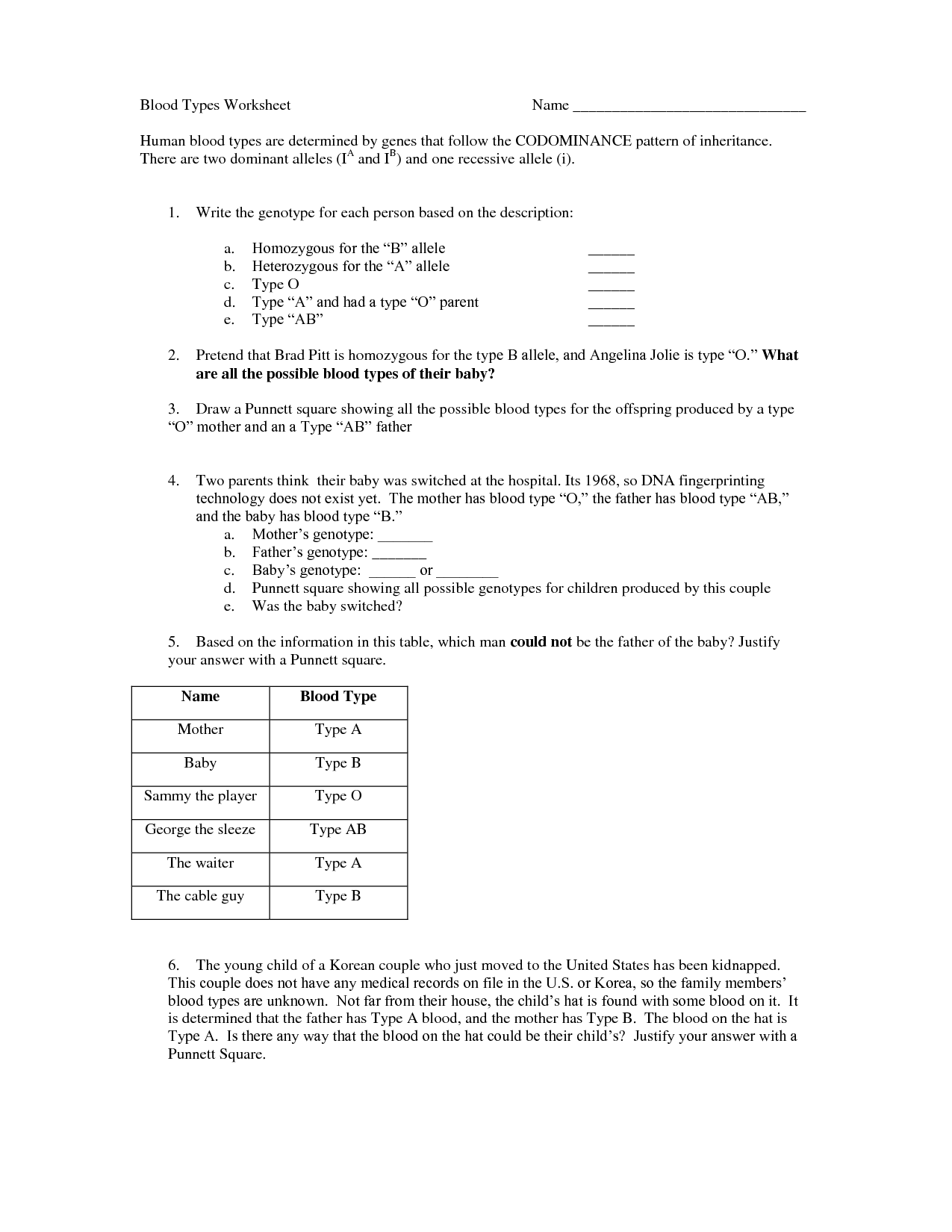 16 Best Images Of Blood Type Worksheet Answer Key Codominance 