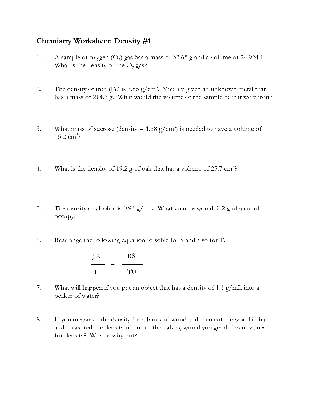 Density Worksheet Answer Key Chemistry Cogreen