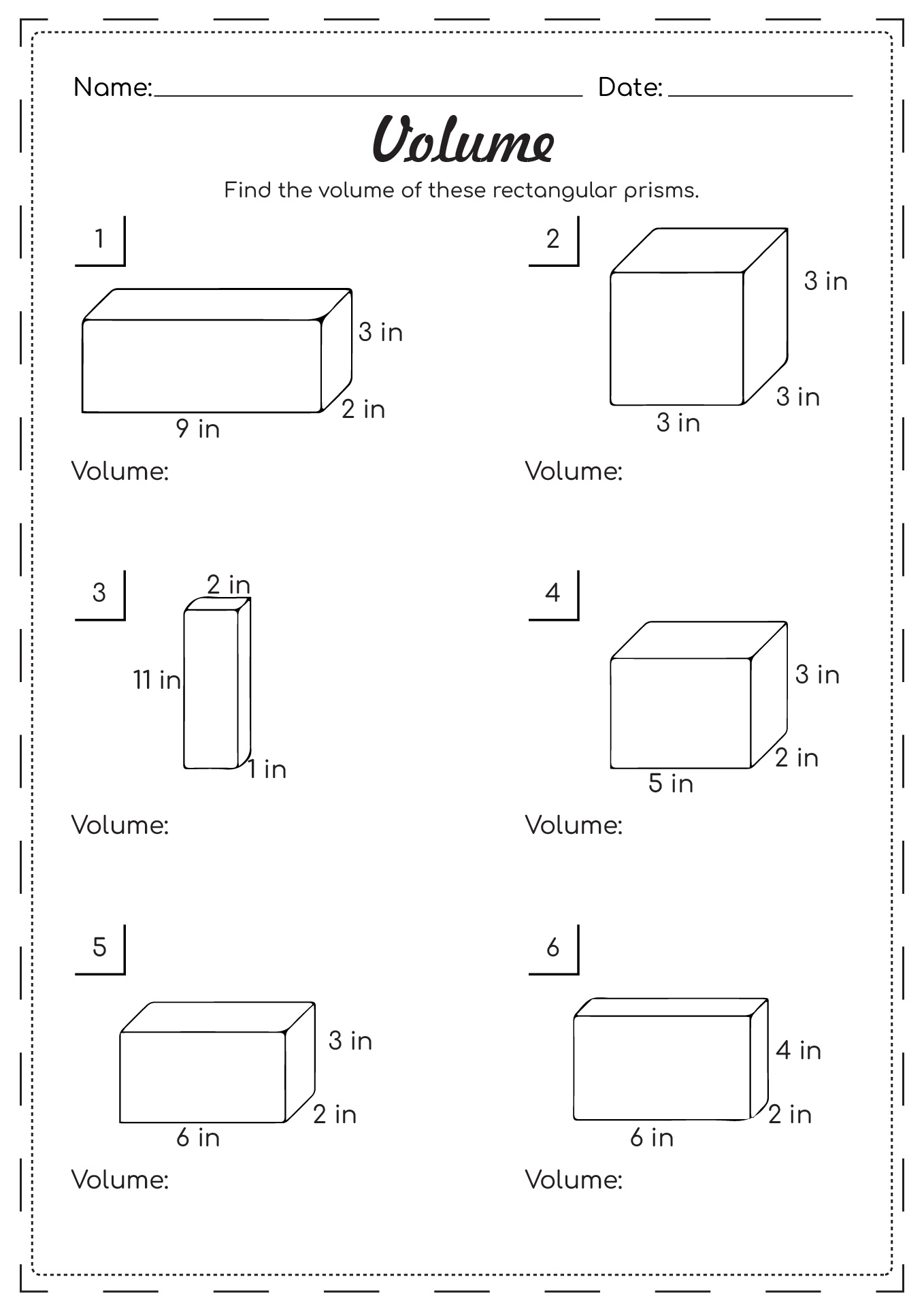 5th Grade Math Volume Worksheets