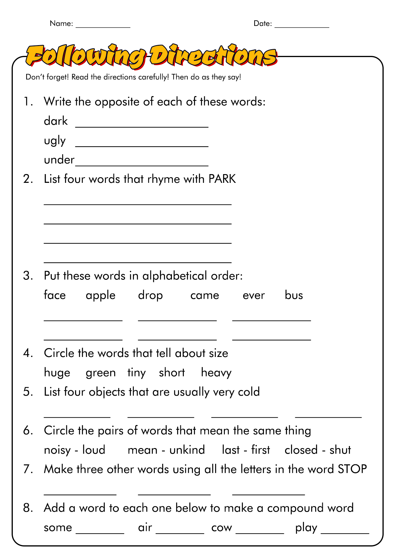 Following Directions Worksheet Th Grade