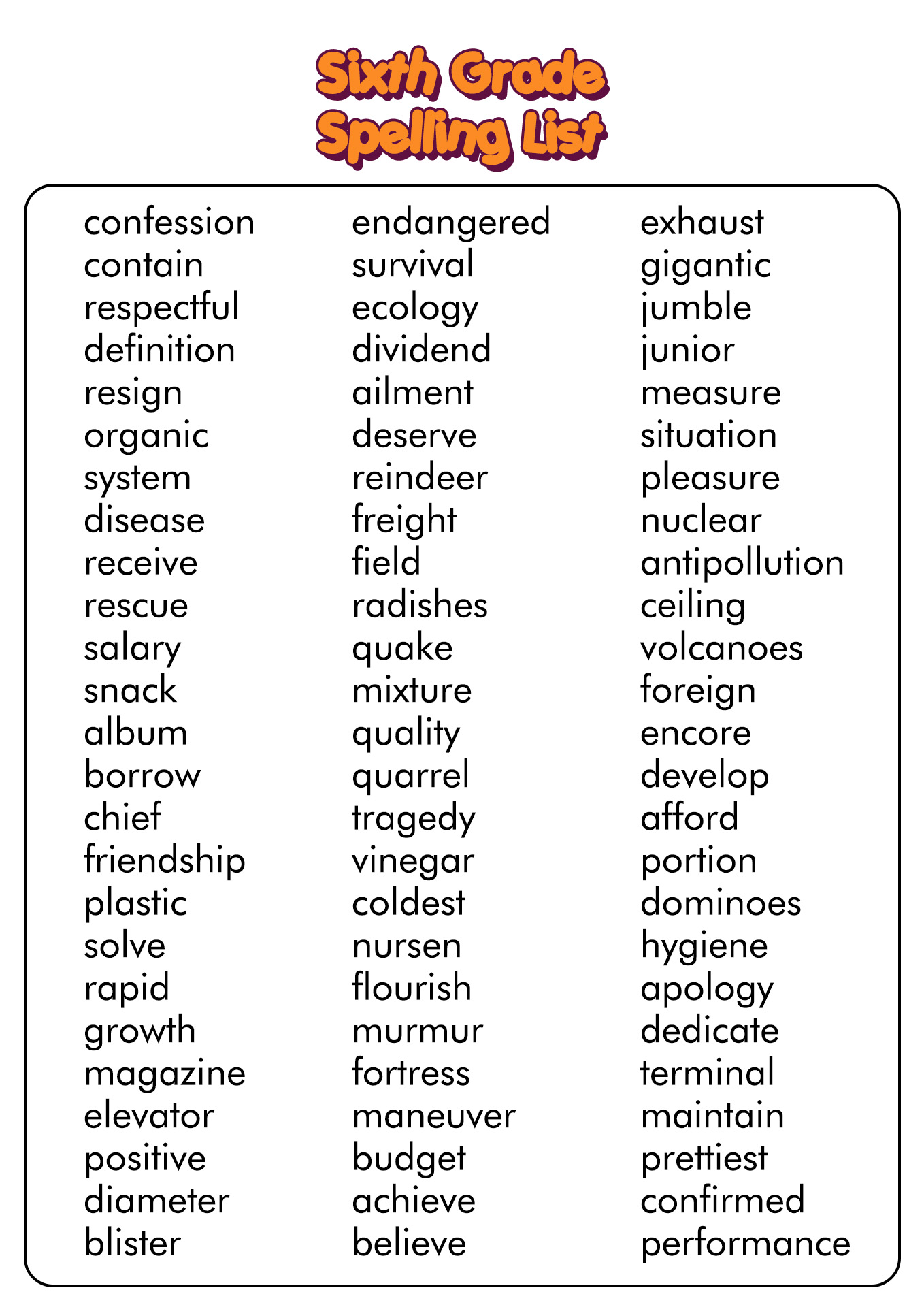 Vocabulary Words For 6th Graders