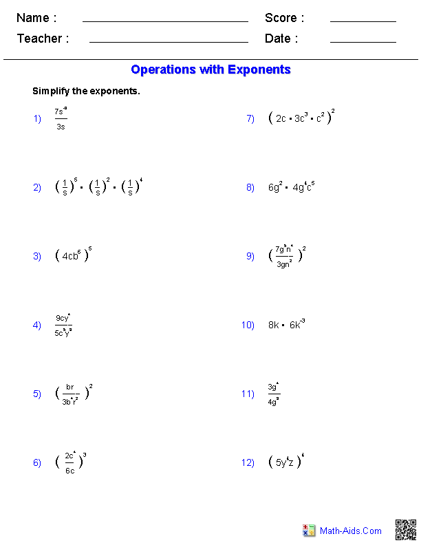 Exponent Properties Worksheet