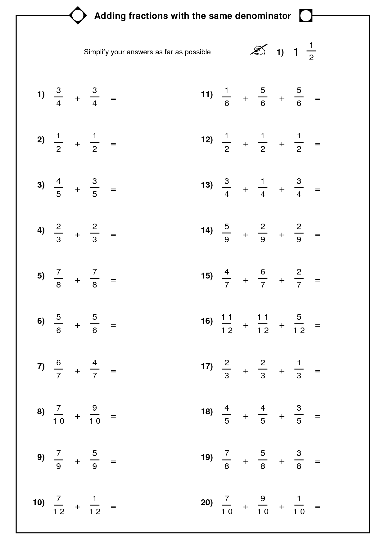 Finding Common Denominators Worksheet Printable Word Searches