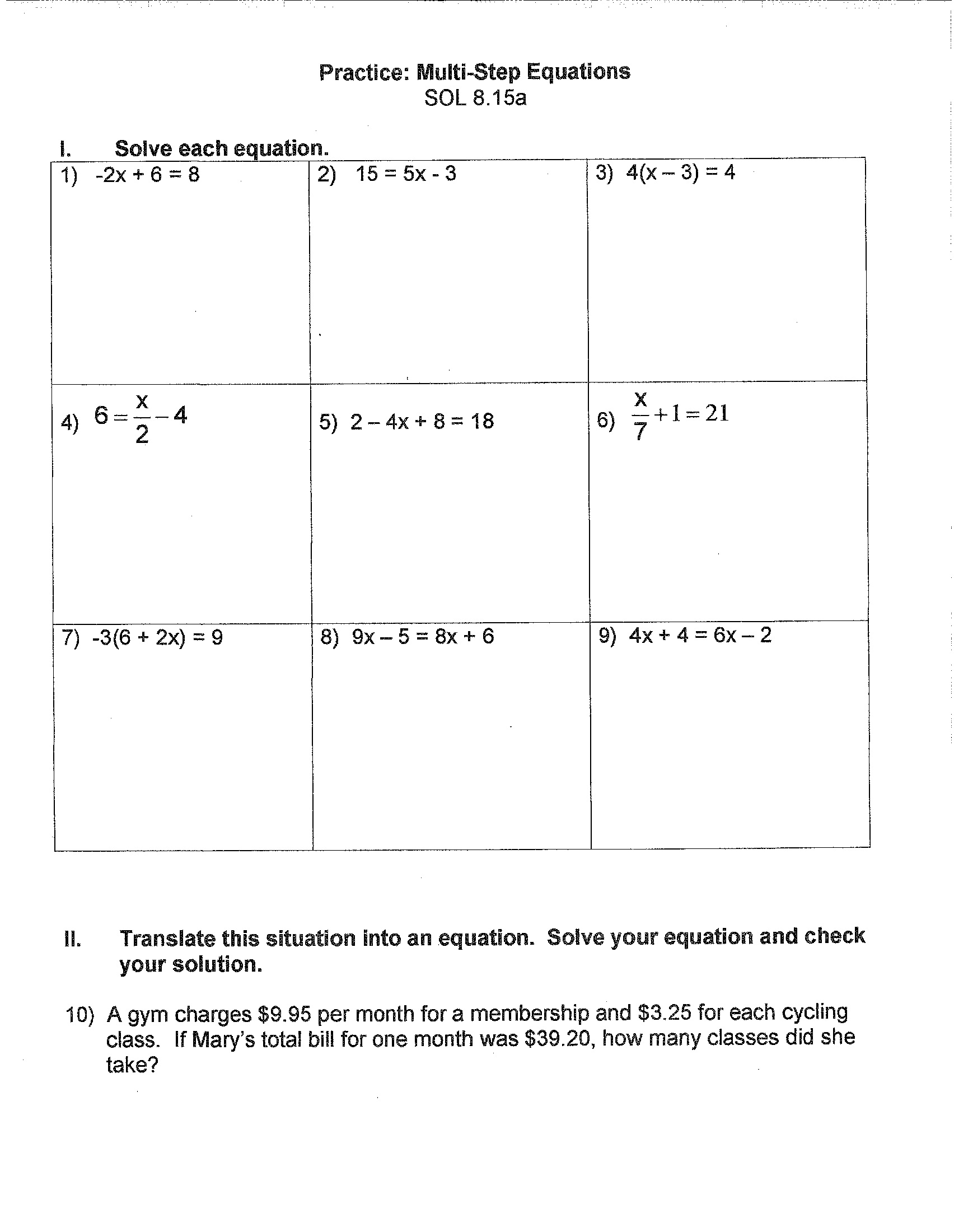 Solving 1 Step Equations Worksheets