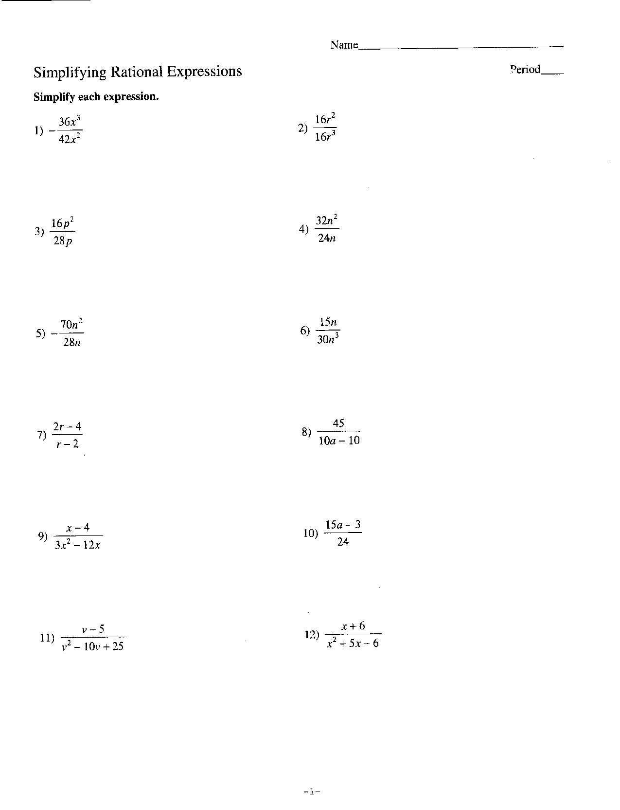  Simplifying Rational Algebraic Expressions Worksheet 