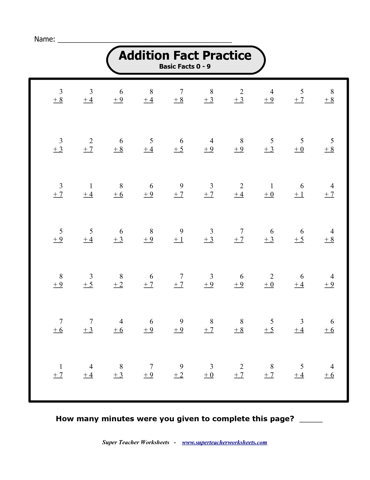 100 Addition Facts Single Digits Worksheet Printable