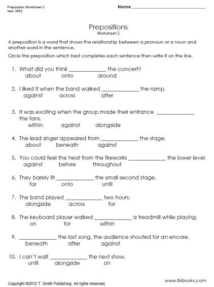 Prepositions For 5th Graders