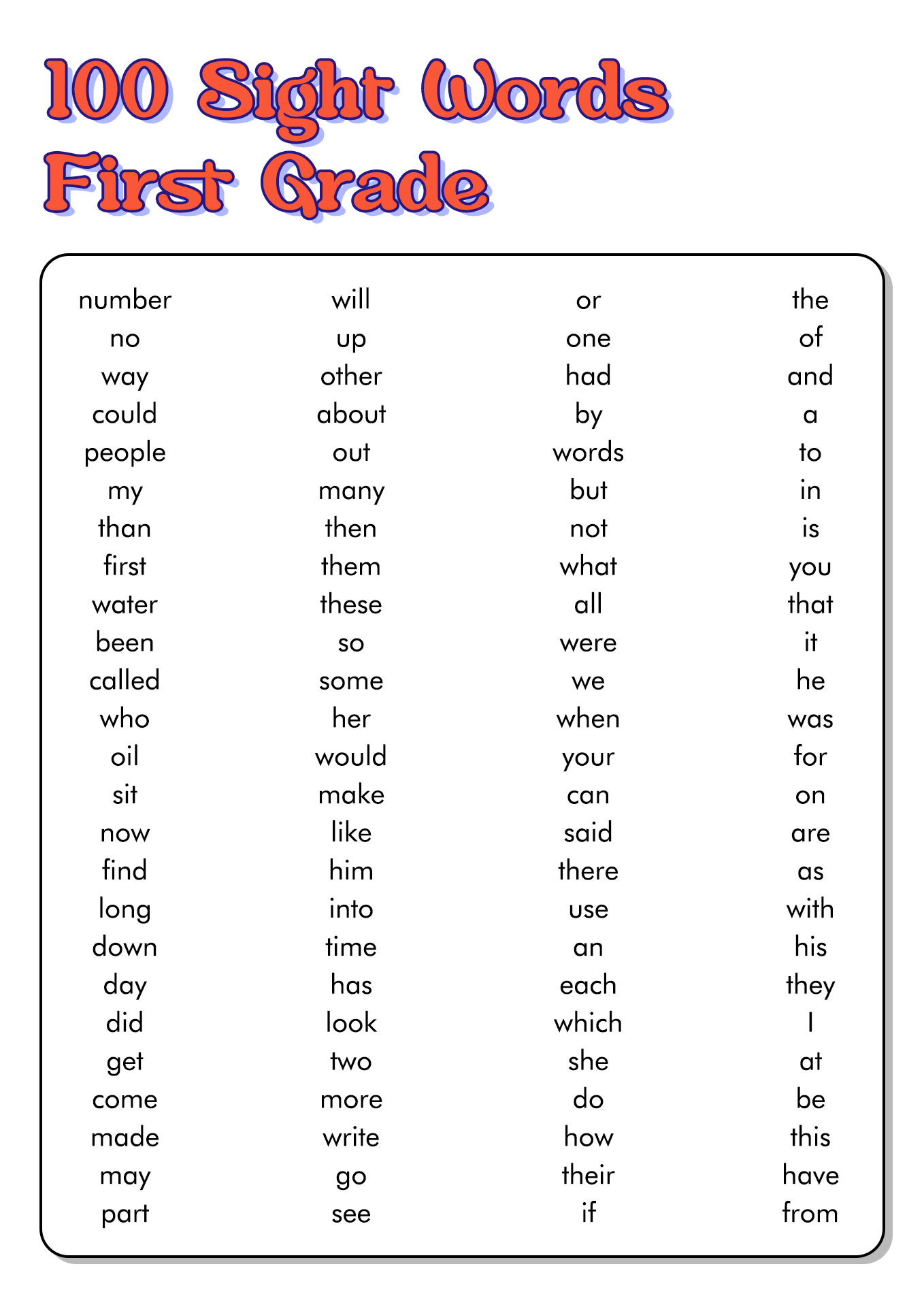  First 100 Sight Words Printable