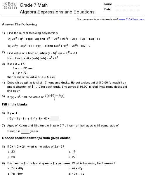 16 Best Images Of Algebraic Expressions Worksheets On Math Math Expressions Worksheets 7th