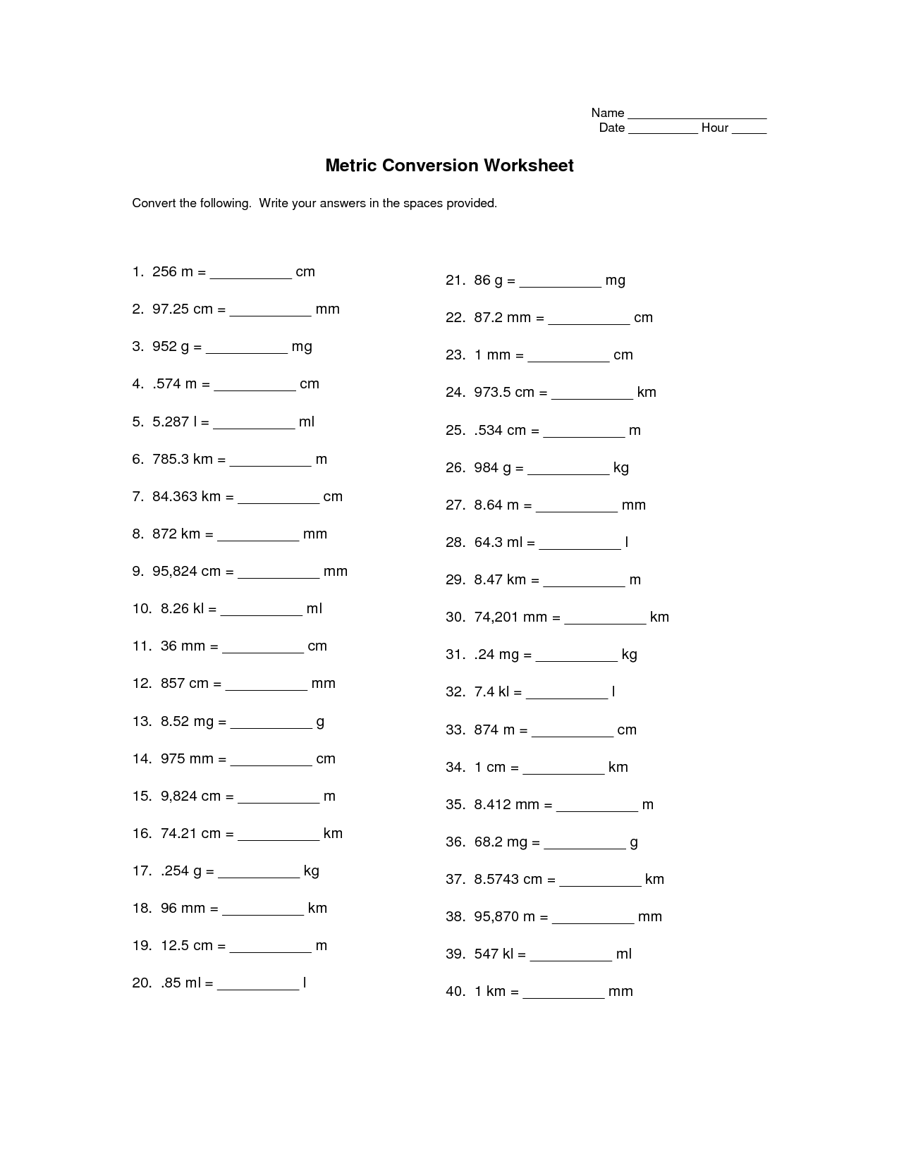 English Metric Conversion Worksheet 3 Answers