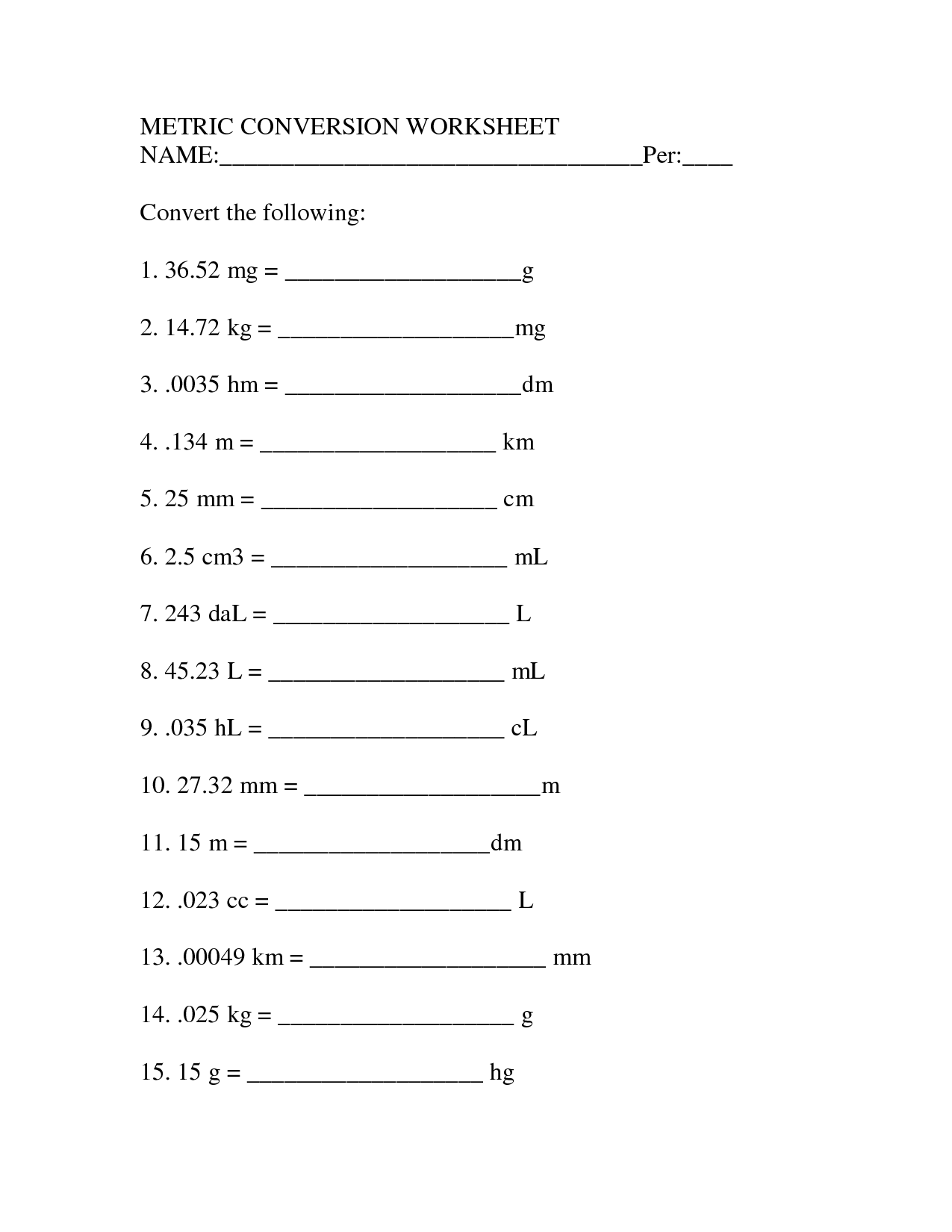 Metric System Practice Worksheet