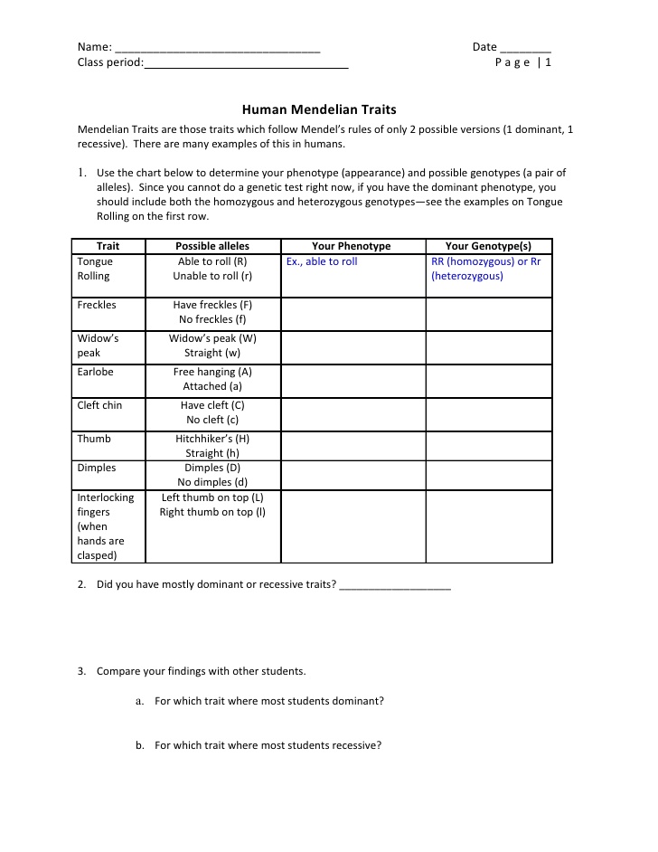 13 Best Images Of Human Variations Worksheet Dominant And Recessive Traits Worksheets Canada 