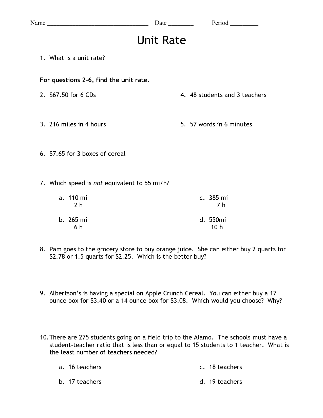 14 Best Images Of Unit Rate Worksheets 6th Grade Unit Rates Worksheet 6th Grade Math 6th 6th