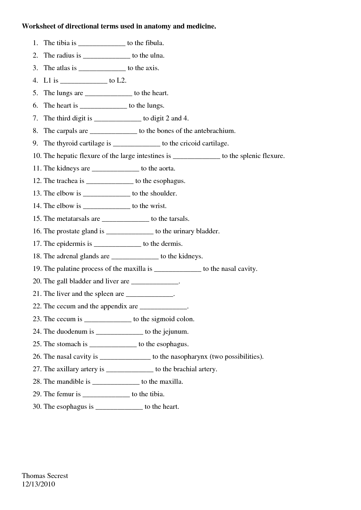 Directional Terms Worksheet Anatomy And Physiology Answers Printable 