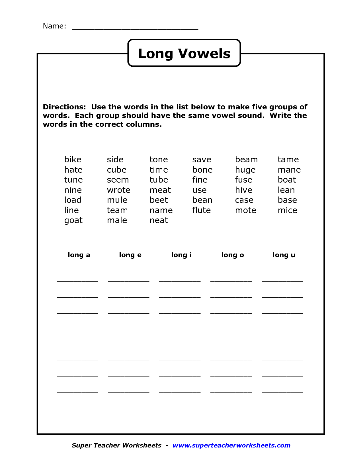 Short Long Vowels Worksheets