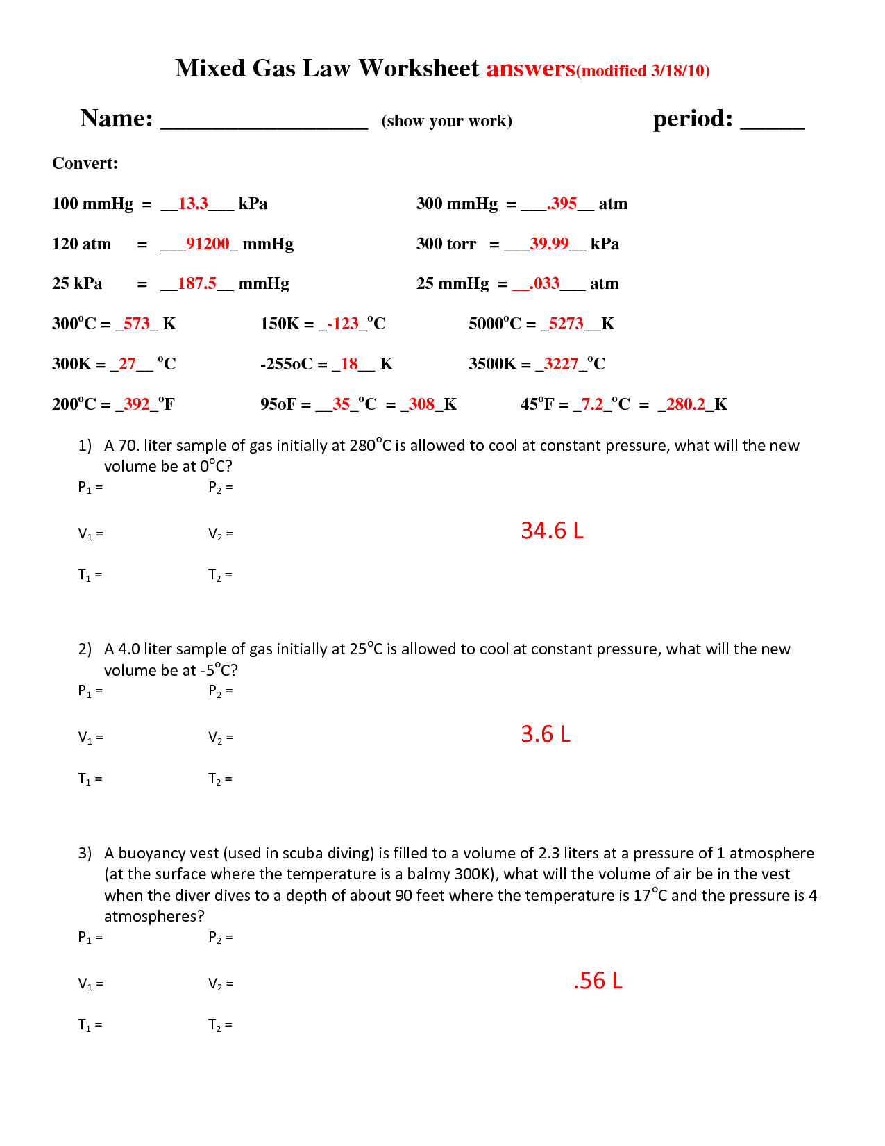 13 Best Images Of Combined Gas Law Worksheet Answers Ideal Gas Law Worksheet Answer Key 