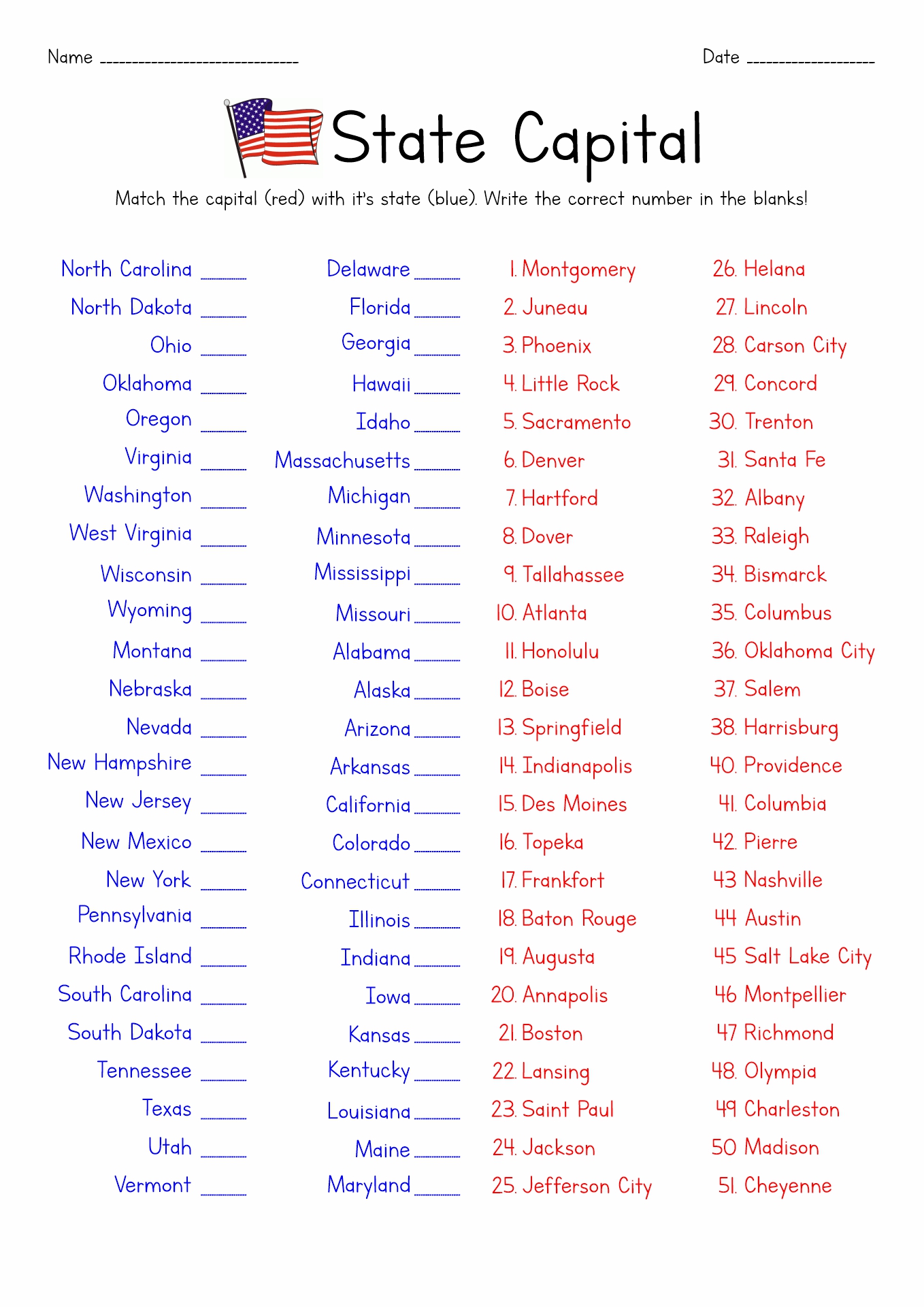List Of Us States And Capitals Printable