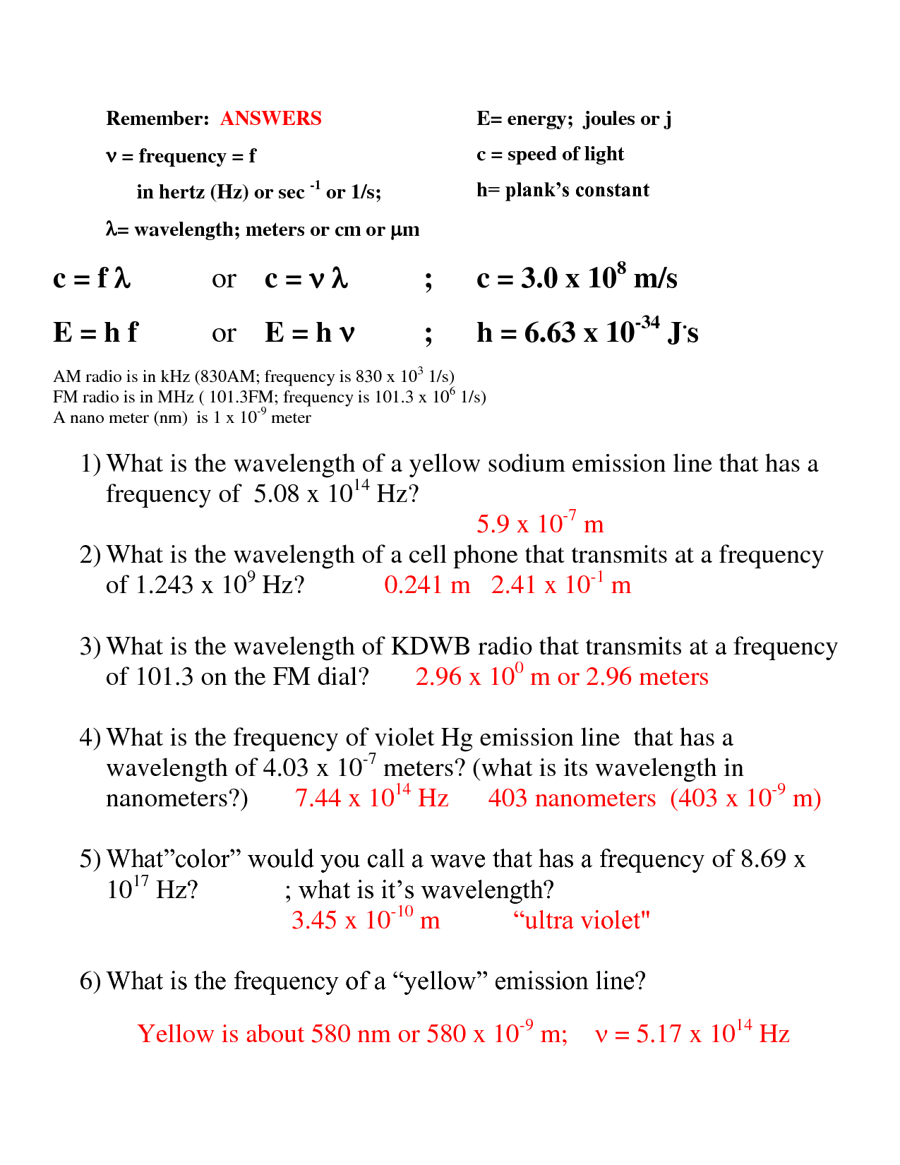 16 Best Images Of Wavelength Problems And Answers Worksheet Speed 