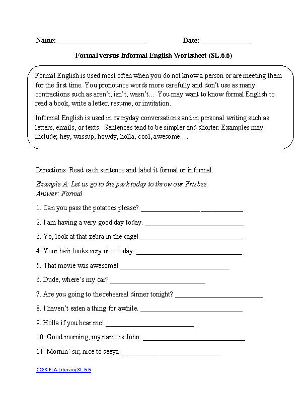 Grammar Worksheet 6th Graders