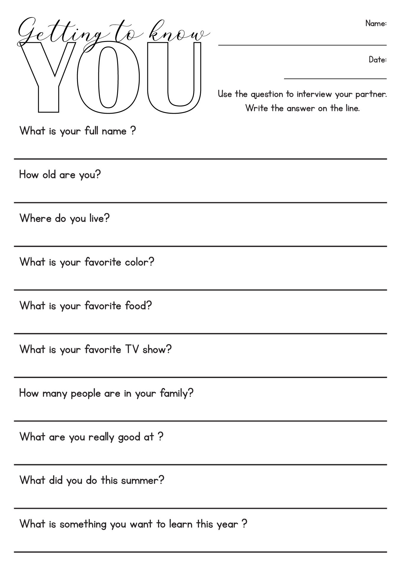 Printable Get To Know You Questions