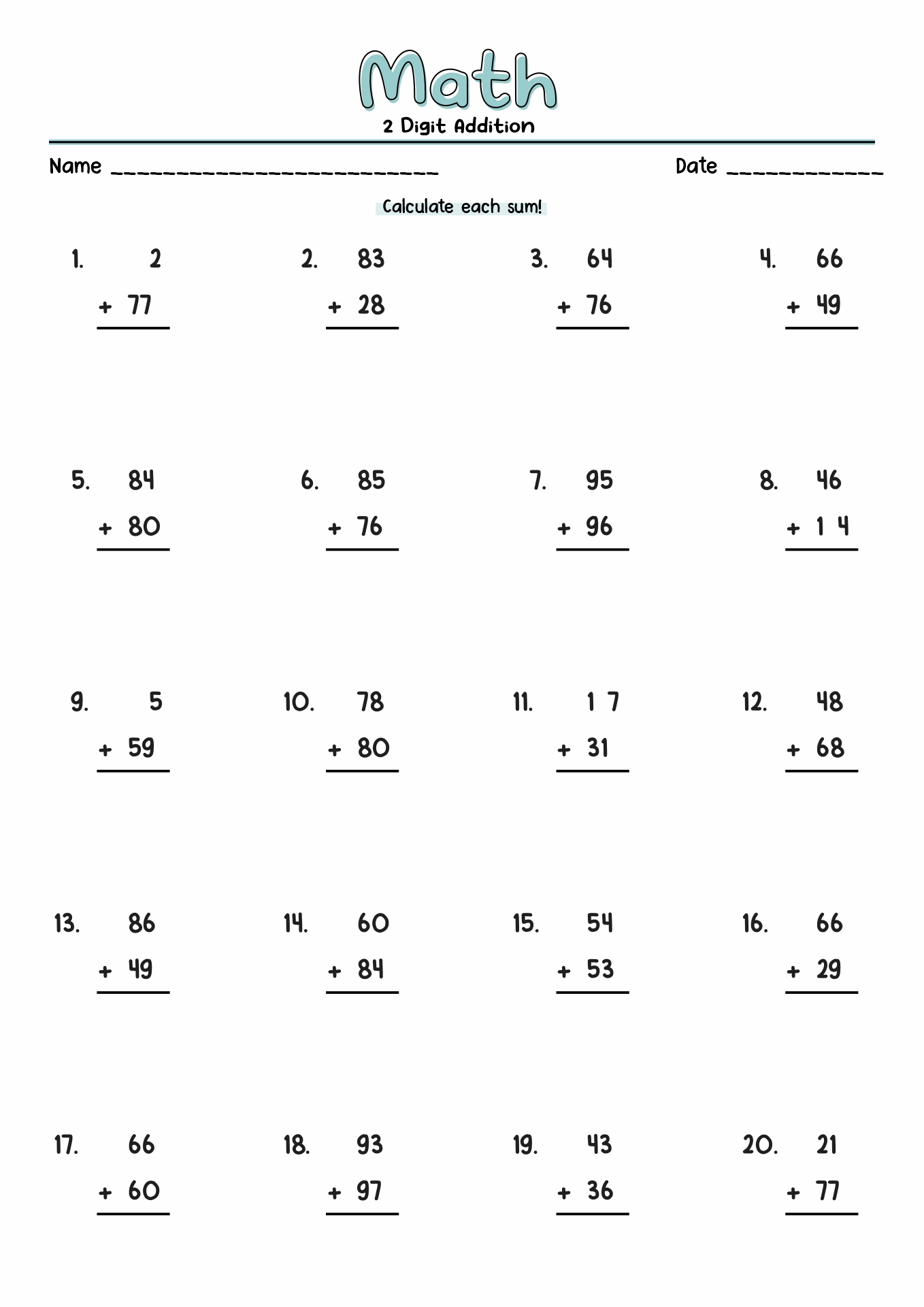 16 Best Images Of Double Digit Addition Printable Worksheets 2nd Grade Math Subtraction