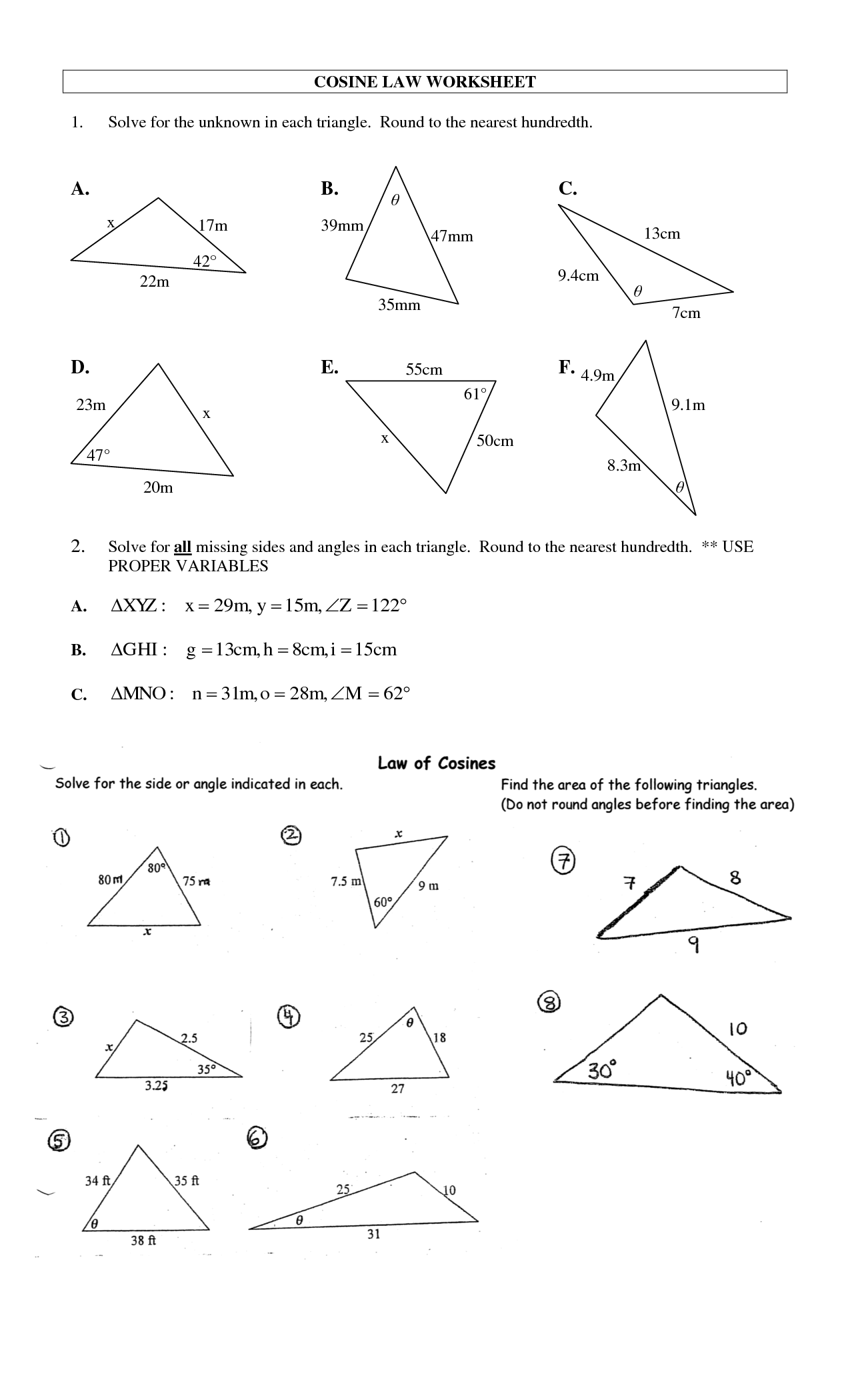 8 Best Images Of Law Of Cosines Worksheet Answers Law Of Sine 