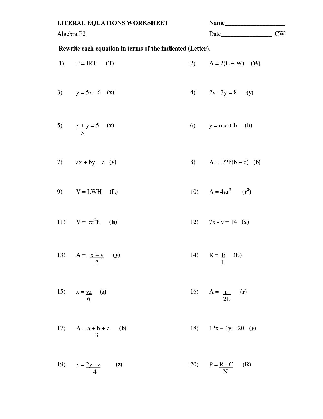 13 Best Images Of Literal Equations Worksheet Algebra 2 Math Literal 