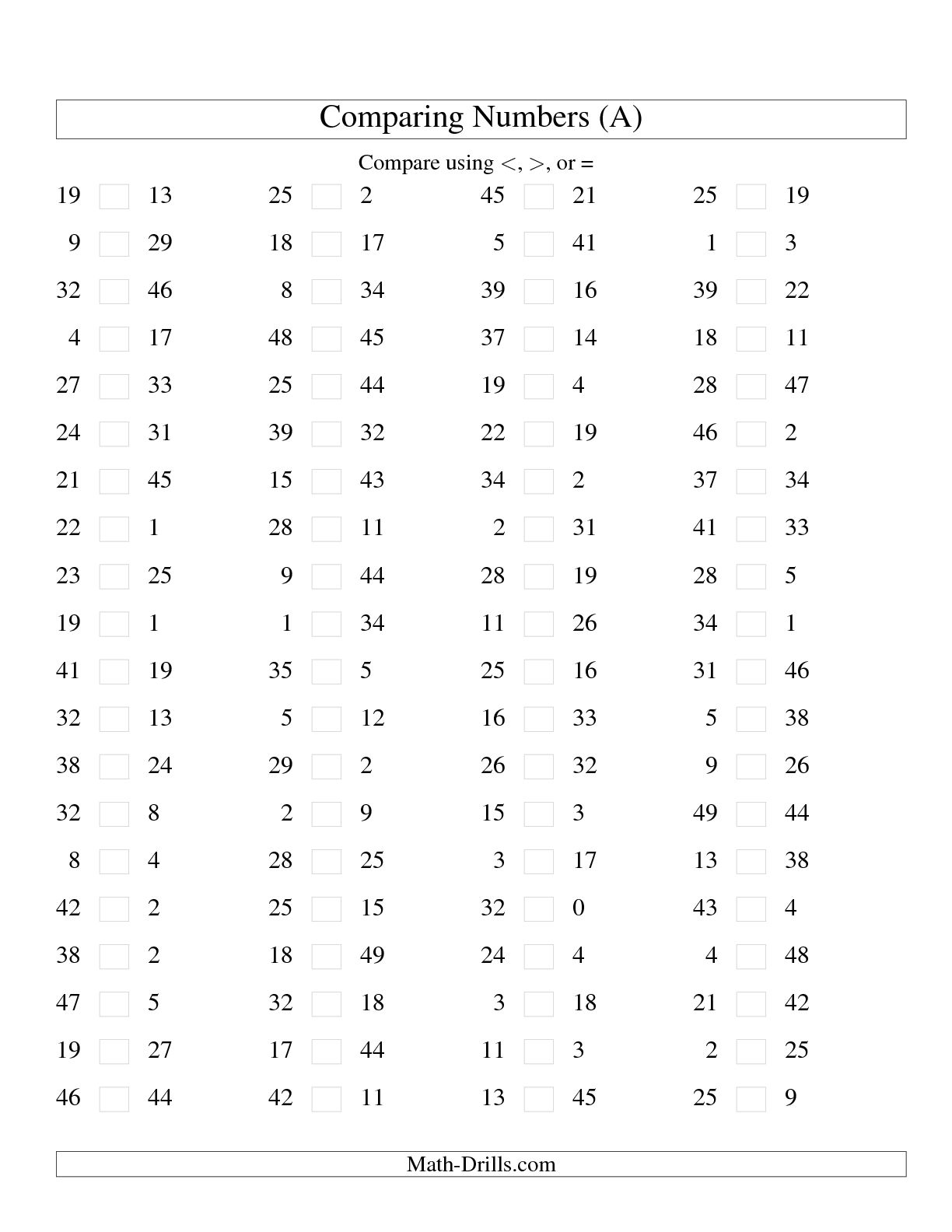 11 Best Images Of Comparing Numbers To 50 Worksheet Comparing Numbers 