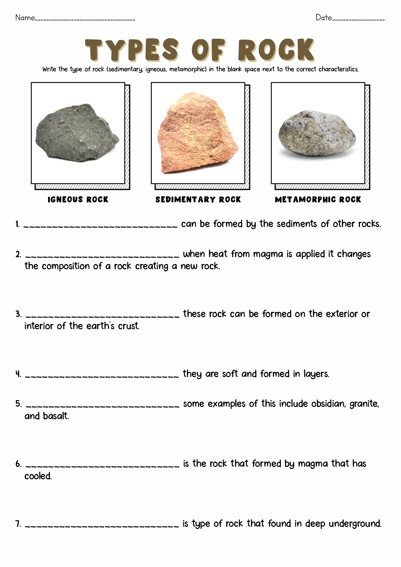 Types Of Rocks Printable