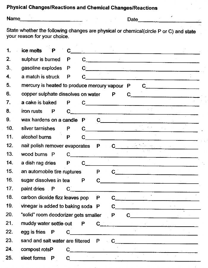 Chemical And Physical Change Worksheet Answers