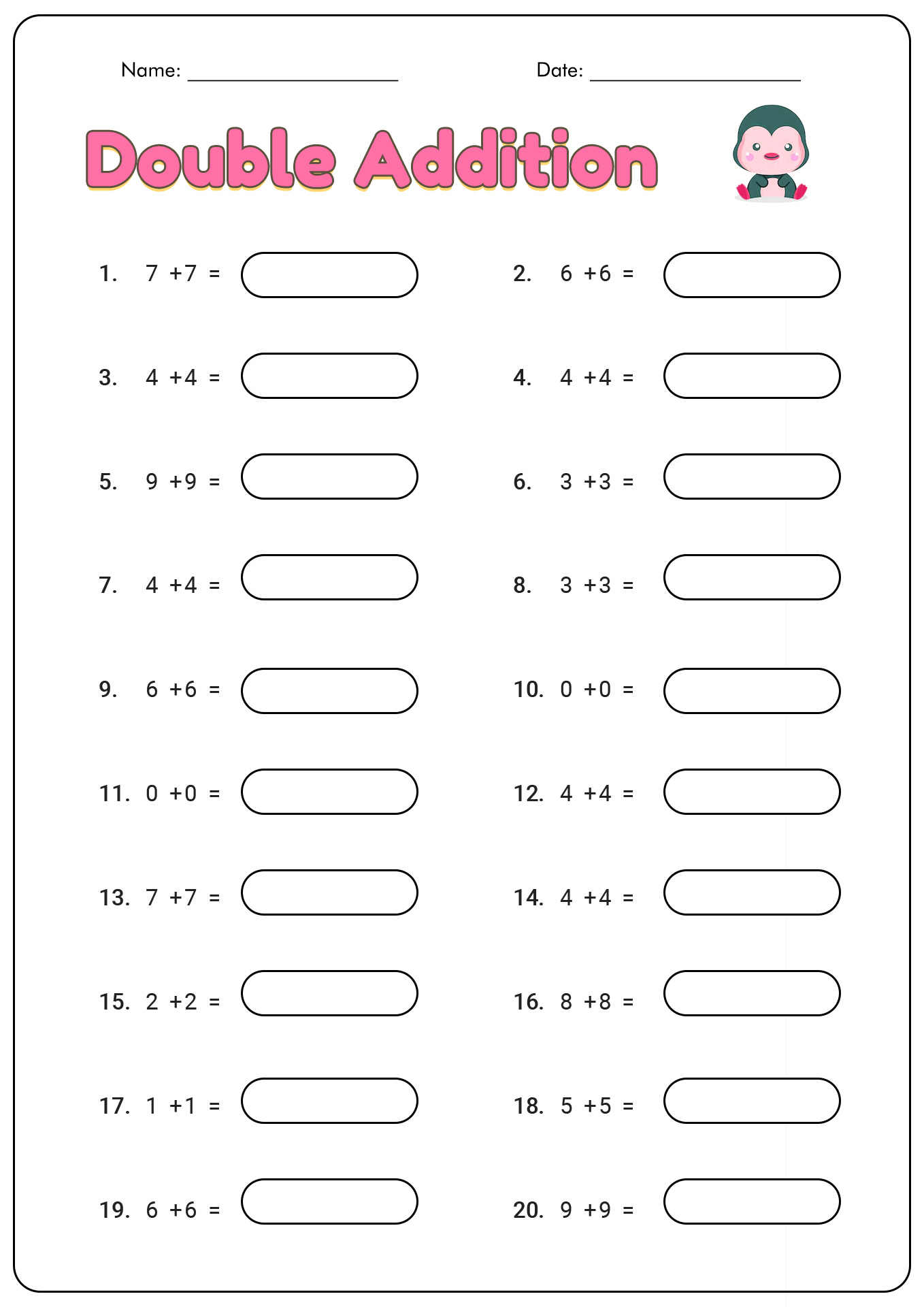 Doubles Worksheet 1st Grade