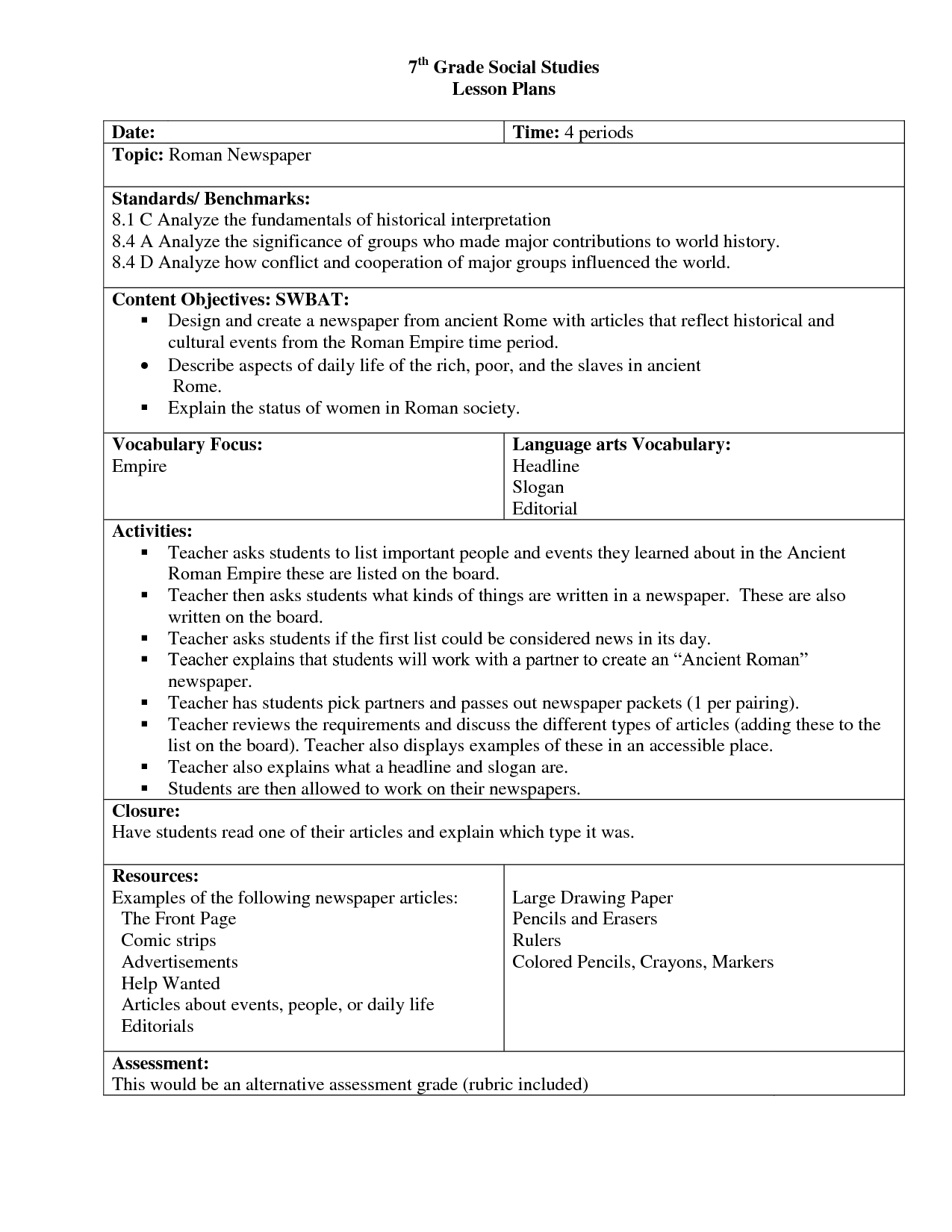 Social Studies Lesson Plan Template