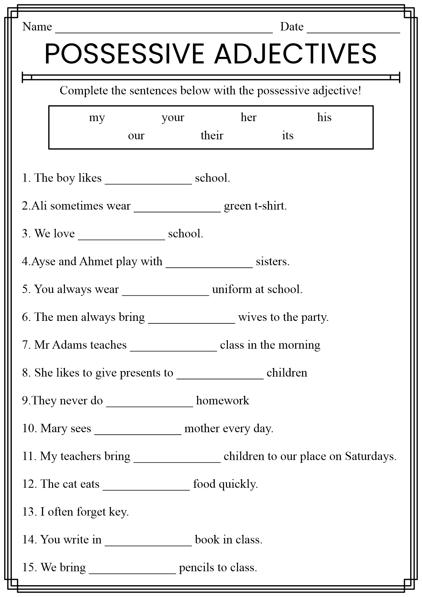 Possessive Adjectives And Pronouns Worksheet