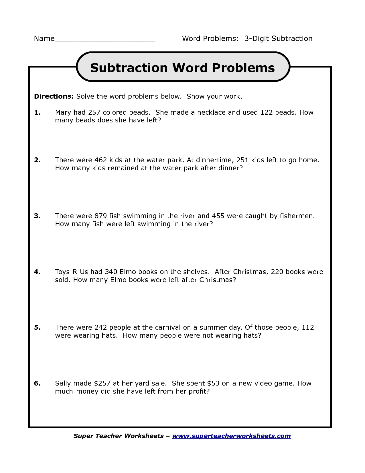 Subtraction Word Problems Grade 3