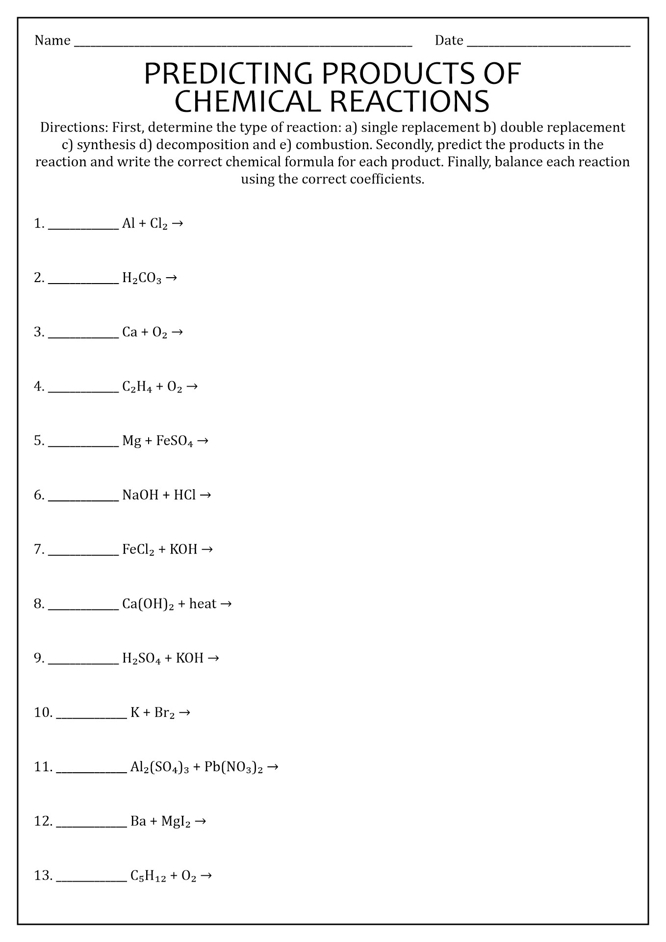 Types Of Reaction Worksheet Answer Key