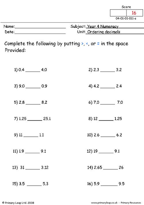 Compare And Order Decimal Worksheets