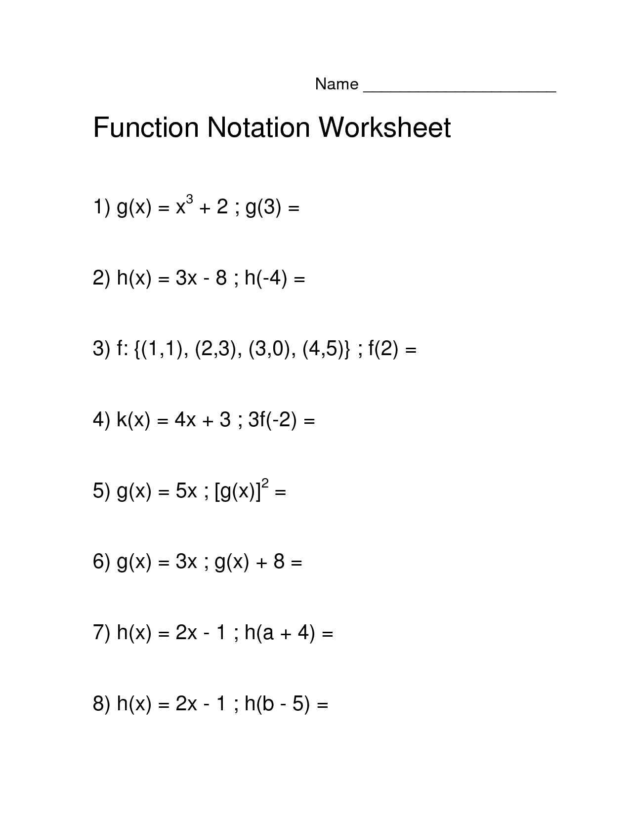 Function Notation Worksheets With Answers