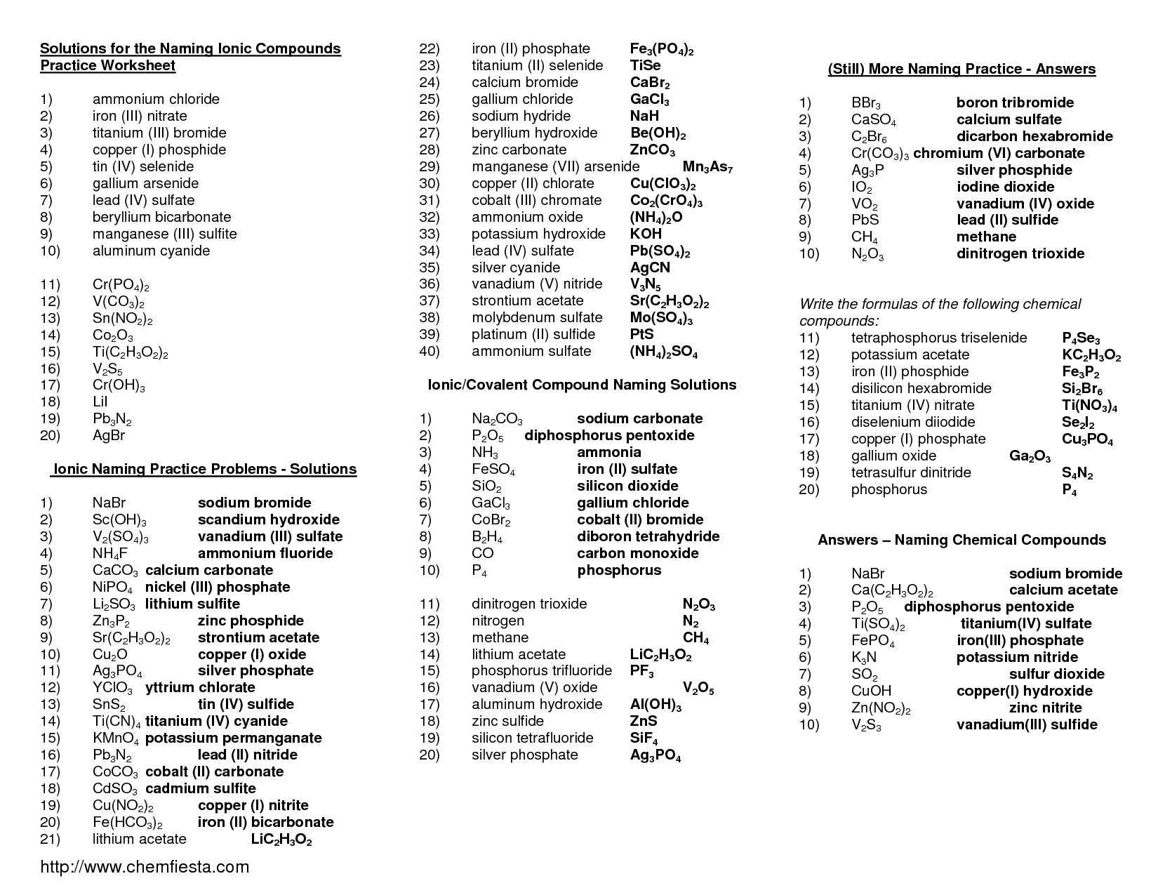 Nomenclature Naming Compounds Worksheet Answers