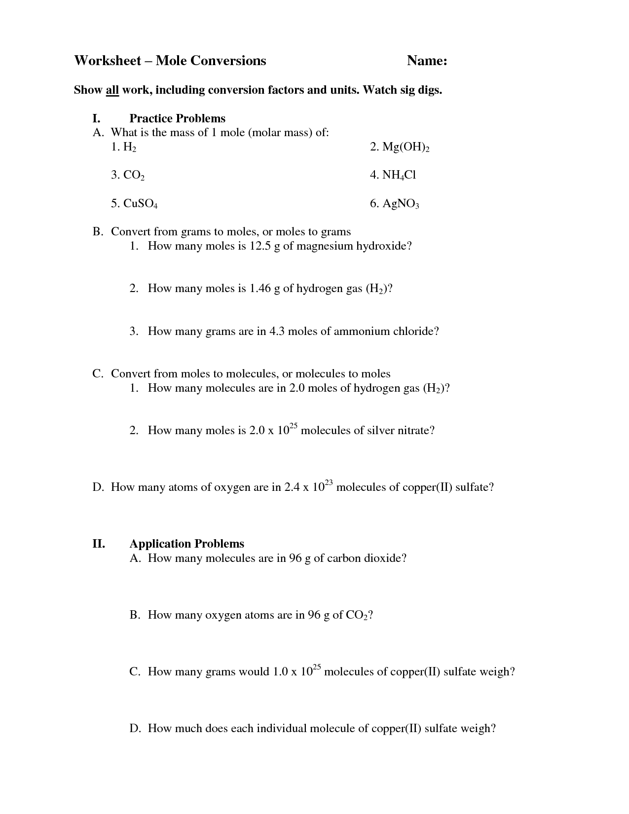 Avogadro s Number Worksheet Answers