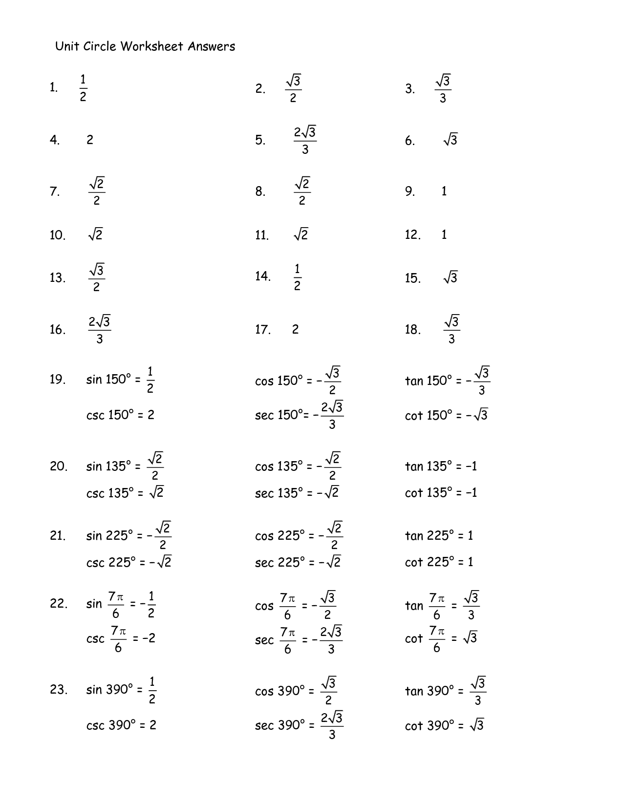 13 Best Images Of Unit Circle Worksheet With Answers Trig Unit Circle Worksheet Unit Circle 