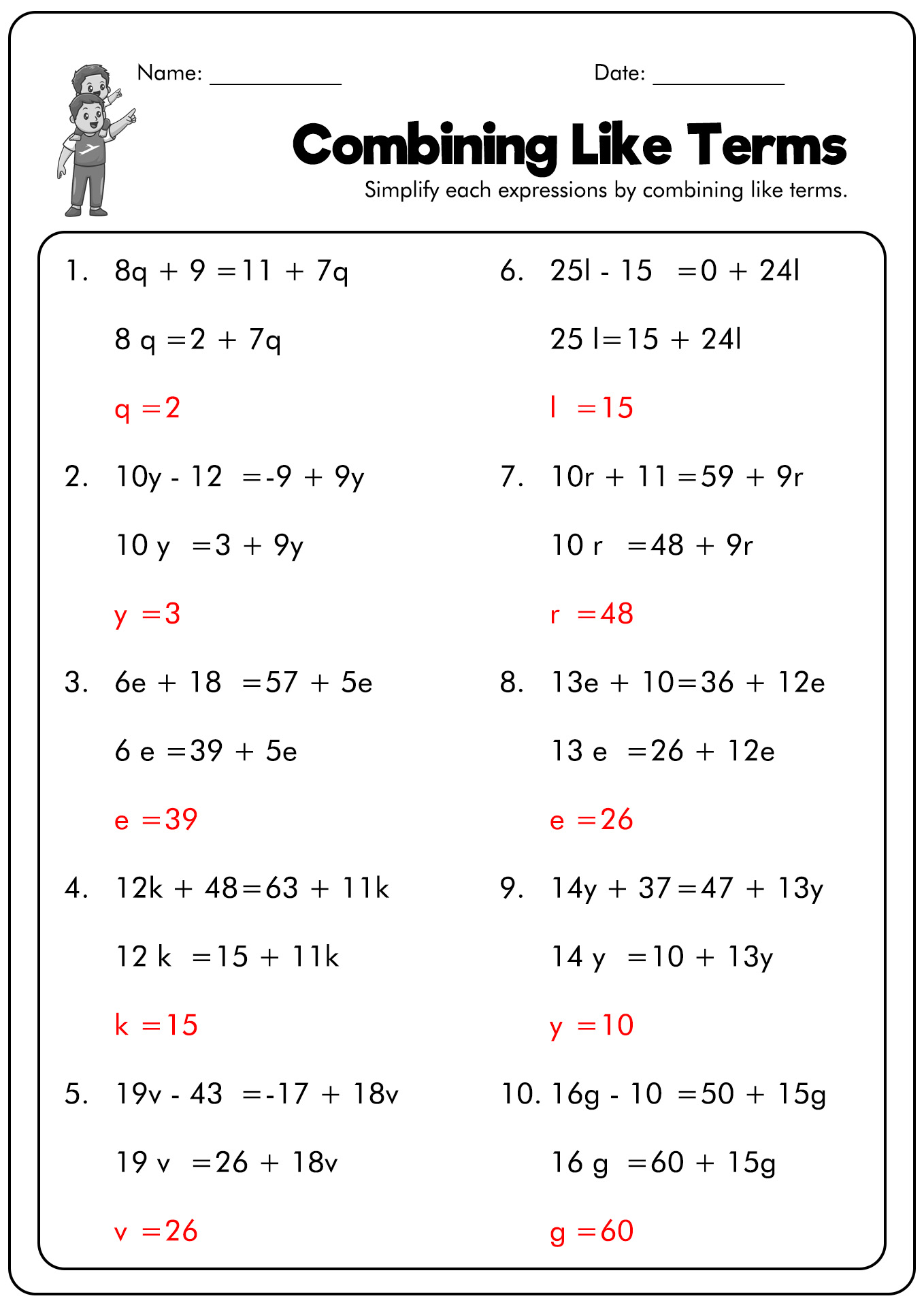 12 Best Images Of 6th Grade Combining Like Terms Worksheet Simplifying Expressions Worksheets